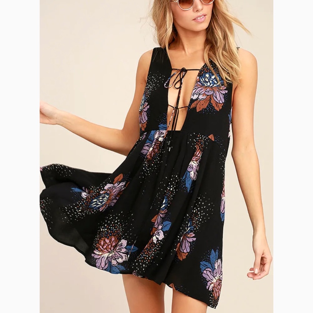 Free People Lovely Day Black Floral Print Dress